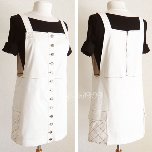 Cream Button Down Overall Skirt Pinafore Dress - Picture 5 of 8